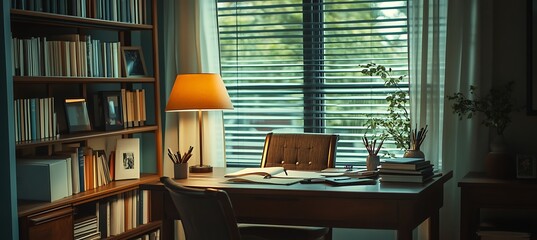 A modern study desk with books and a lamp in a well-lit room, leaving copy space above