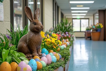 The team enjoys a festive atmosphere with Easter decorations and music. The egg hunt adds excitement to the day
