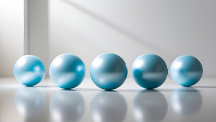 bright, light blue spheres of equal size, each with a slight sheen, arranged in a perfect formation against a clean, soft and calm light background.