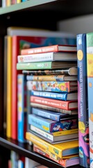 A neatly stacked assortment of vibrant children's storybooks with colorful covers, capturing the essence of childhood imagination and joy in reading.