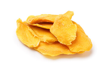 Many slices of tasty dried mango on white background