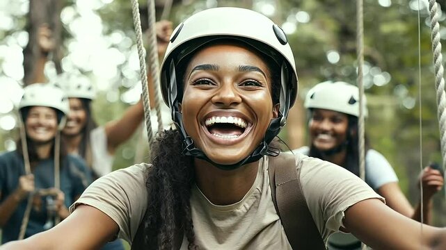 Team Member at Ropes Course with Colleagues Cheering