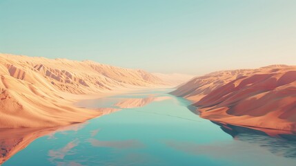 A minimalist digital landscape where a  geometric river cuts through a desert
