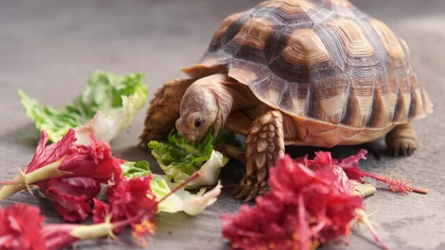 Sulcata Afican Desert Turtle Tortoise Eating Leaf and Flower Herbivore