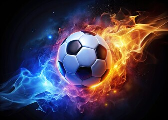 Naklejka premium Dynamic Silhouette of a Soccer Ball with Fiery Effects in Orange, Blue, and Purple Hues
