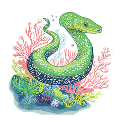 Cute green snake on a coral reef. Vector hand drawn illustration. 