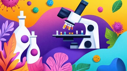 Microscopic cell experiment flat design top view biology lab theme cartoon drawing colored pastel