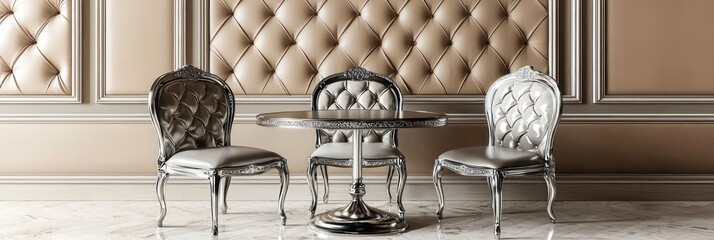 Antique silver dining set against a beige leather and elm wood wall.