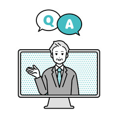 Illustration of a businessperson male giving directions on a computer online.
