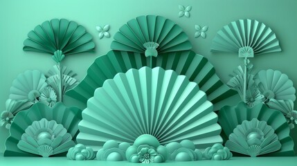 Obraz premium A vibrant green podium with a decorative platform featuring elegant paper fan designs and floral elements created for a tranquil presentation setting
