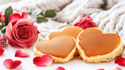 Heart-shaped pancakes beautifully arranged with red roses and scattered petals, creating a romantic and cozy breakfast scene on a soft, knitted blanket.