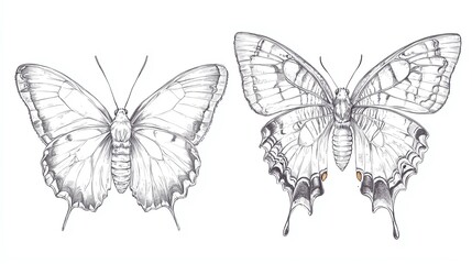 Fototapeta premium Detailed anatomical illustration of butterfly metamorphosis stages, precise linework, botanical drawing style, clean white background, labeled specimen