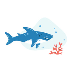 Cute shark swims in the sea underwater. Poster with shark on white background. Character in children's style. Vector illustration.