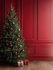 Holiday theme with wooden surface red backdrop and decorated tree