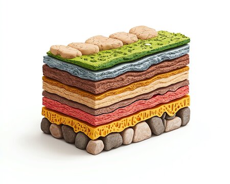 Detailed cross-section of geological rock layers, stratigraphic illustration, precise labeling, earth science diagram, isolated white background
