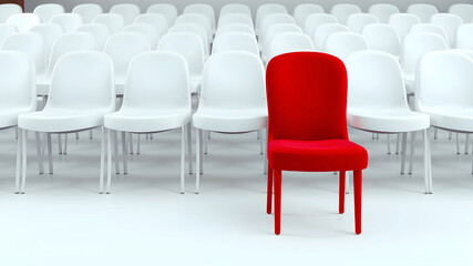 Fototapeta premium Red chair against the background of many white chairs. Concept of uniqueness. Peculiarity