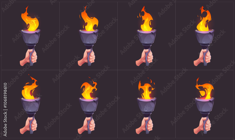 Poster torch fire sprite for game. flame frame sequence cartoon vector set. bonfire fx loop animation asset