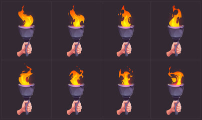 Torch fire sprite for game. Flame frame sequence cartoon vector set. Bonfire fx loop animation asset kit. Medieval magic burn sheet for video with ancient olympic stick. Old lamp in hand storyboard