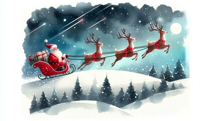Santa Claus riding sleigh and reindeer on winter night, watercolor illustration