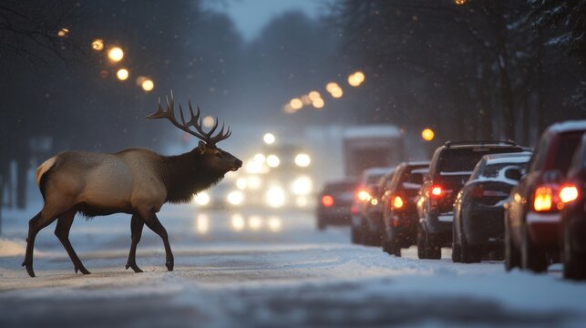 Majestic bull elk crossing a snow covered road at dusk with blurred cars in the background