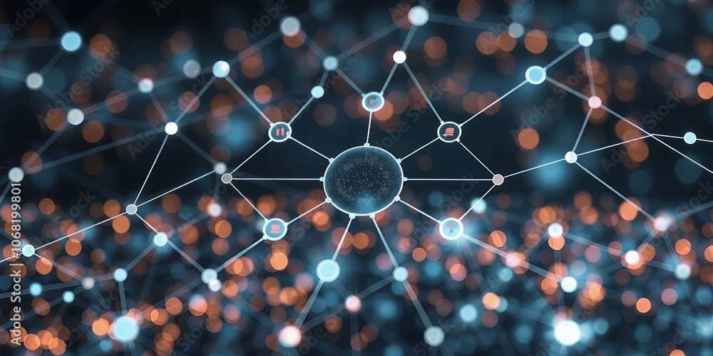 Poster abstract network with glowing nodes.