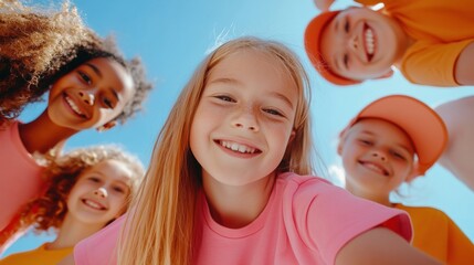 Smiling children enjoying a sunny day outdoors in colorful outfits, AI