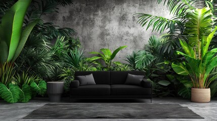 A modern black sofa set against lush green plants and a textured wall creates a serene, tropical living space.