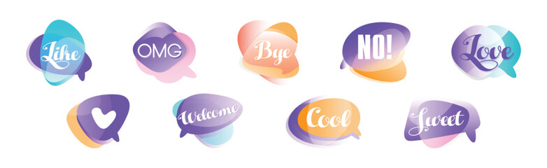 Colorful Transparent Speech Bubbles with Short Phrases Vector Set