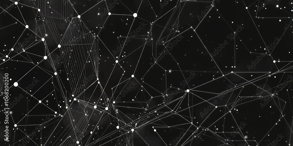 Poster abstract network background with white lines and dots on black.
