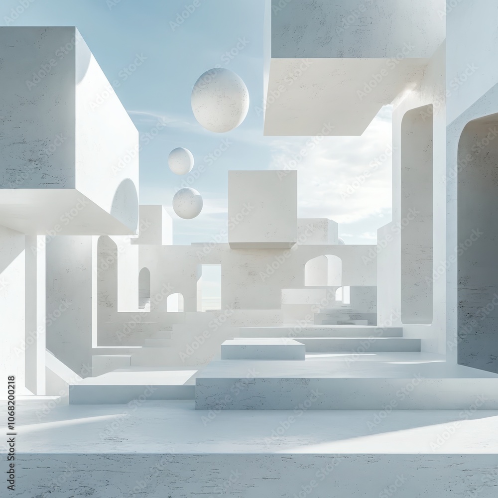 Poster floating white geometric elements in modern architectural model design with ethereal atmosphere