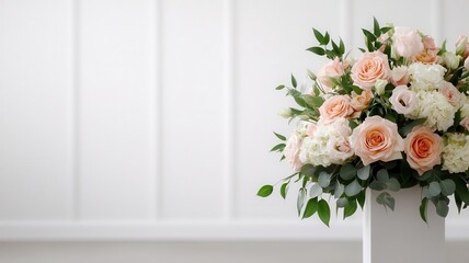 Large floral arrangements in soft blush and cream tones on pedestals lining the aisle, luxury wedding decor, creating a timeless aesthetic
