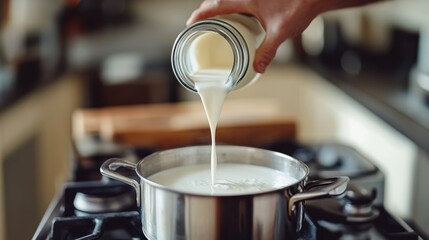 Home cheesemaking  pouring milk into a pot to begin crafting delicious cheese in the kitchen
