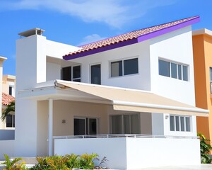 Modern white beach house with violet roofing.