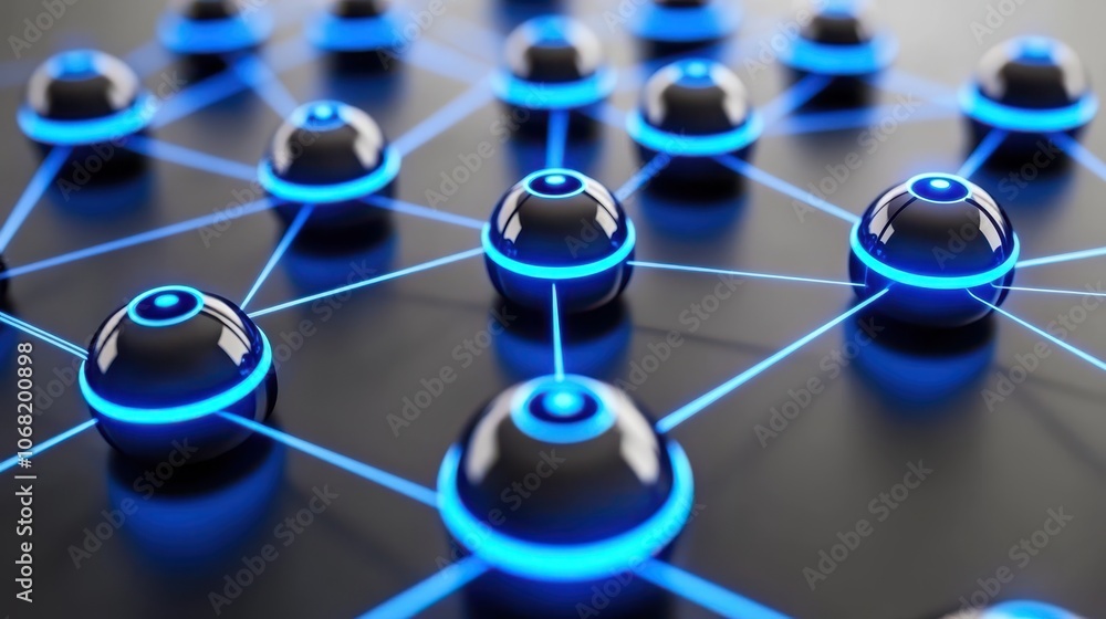Poster intricate network of illuminated blue spheres, digital web of glowing nodes and interconnections