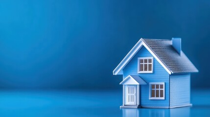 Minimalist serenity, small blue house against vibrant blue backdrop creating striking visual contrast