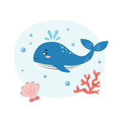 Cute whale swims in the sea underwater. Poster with whale on white background. Character in children's style. Vector illustration.