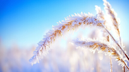 Fototapeta premium Delicate frosted grass glimmers under the sunlight, showcasing winter's chill and beauty on a clear morning