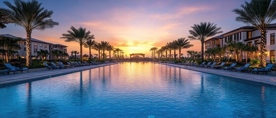 A tranquil pool with a sunset view, surrounded by palm trees and buildings.