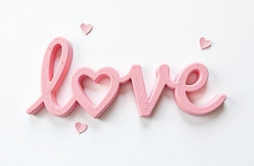 Love word pink on a white background. Declaration of love. Valentine's Day. The concept of romance. Copy space for text.