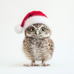 Obraz premium Adorable baby owl in tiny santa hat with enormous golden eyes and fluffy feathers for holiday cheer