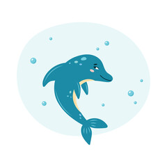 Cute dolphin swims in the sea underwater. Poster with dolphin on white background. Character in children's style. Vector illustration.