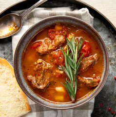 A bowl of beef bourguignon. Traditional french cousine.