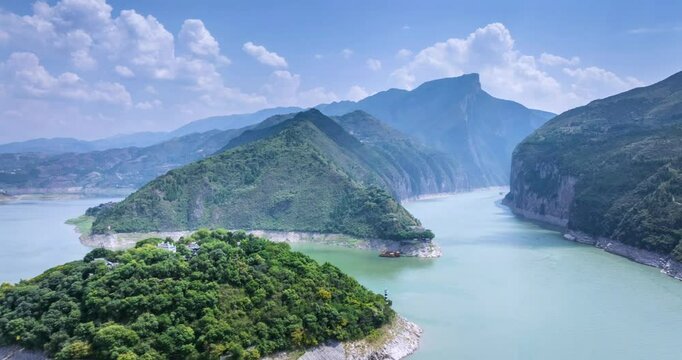 aerial time lapse video of the majestic Kuimen, a famous tourist resort in the Three Gorges of Yangtze river, Fengjie county, Chongqing city, China.