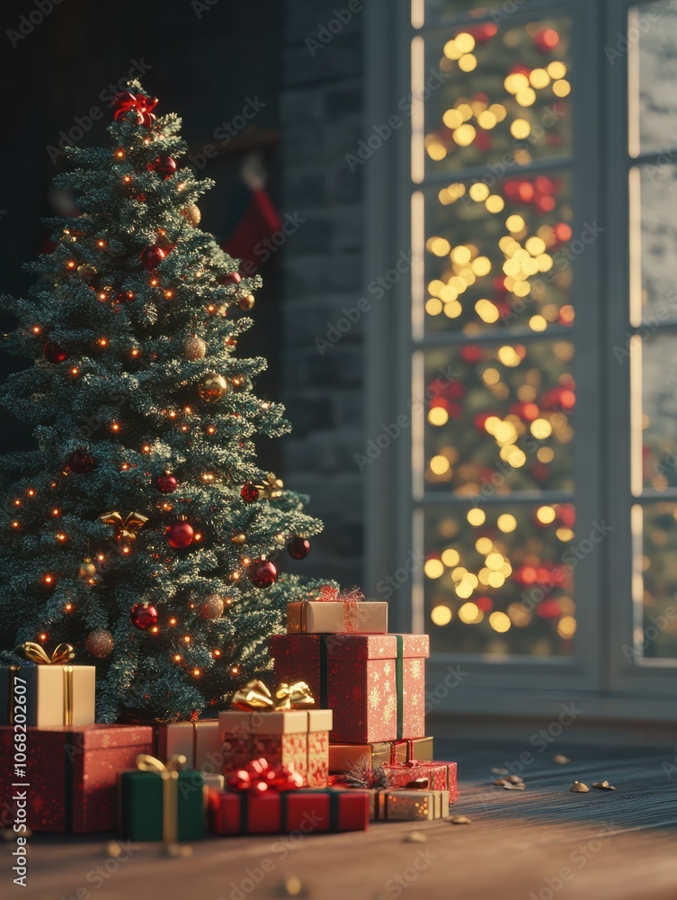 Poster 3d render christmas background with gift boxes and christmas tree. christmas tree with gift boxes on