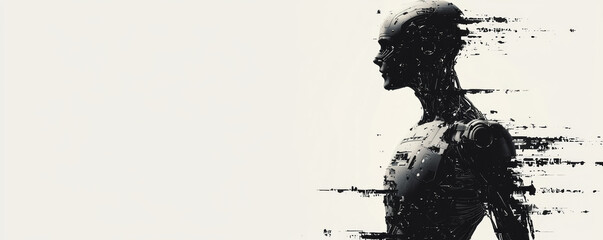 Obraz premium human silhouette with AI powered exoskeleton, showcasing futuristic technology and innovation. design emphasizes blend of human and machine elements, evoking sense of advancement and transformation