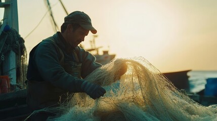 Fisherman repairs his nets on a boat at sea, getting ready for another day of hard work