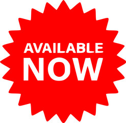Available now label . Red available now icon . Vector illustration