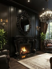 A classical black room interior is adorned with a decorative fireplace, vintage mirror, and chandelier, creating an elegant and timeless ambiance.
