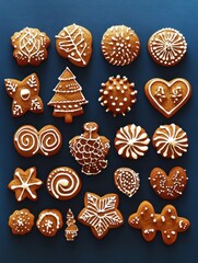 A collection of beautifully decorated gingerbread cookies in holiday shapes on a dark blue background, capturing festive joy.
