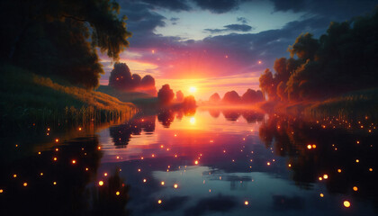 sunset at lake , beautiful color , nobody, mountain and hill